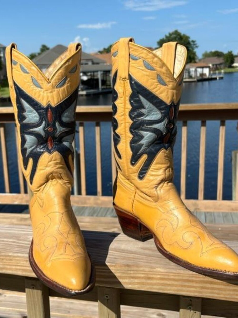 Yellow Leather Western Heeled Boots with Navy and Light Blue Accent - Picture 3 of 14